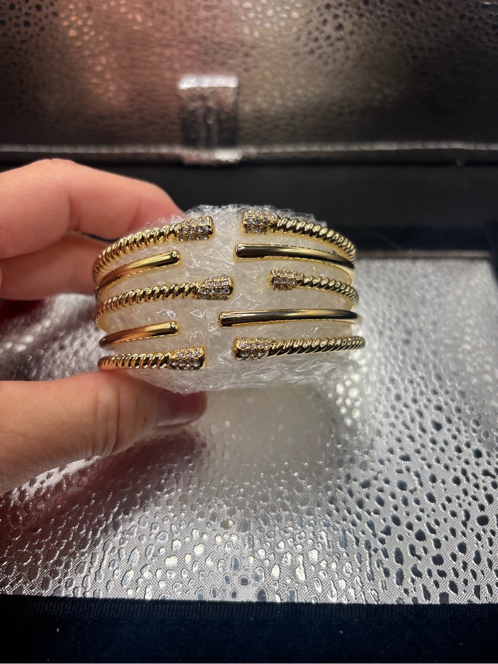 Gold-Tone Multi-Row Open Cuff Bracelet with Pavé Tips